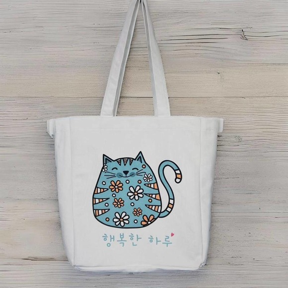 K-Pop Tote Bag White Flannel Fabric Material Cute Cat Design - Picture 3 of 7
